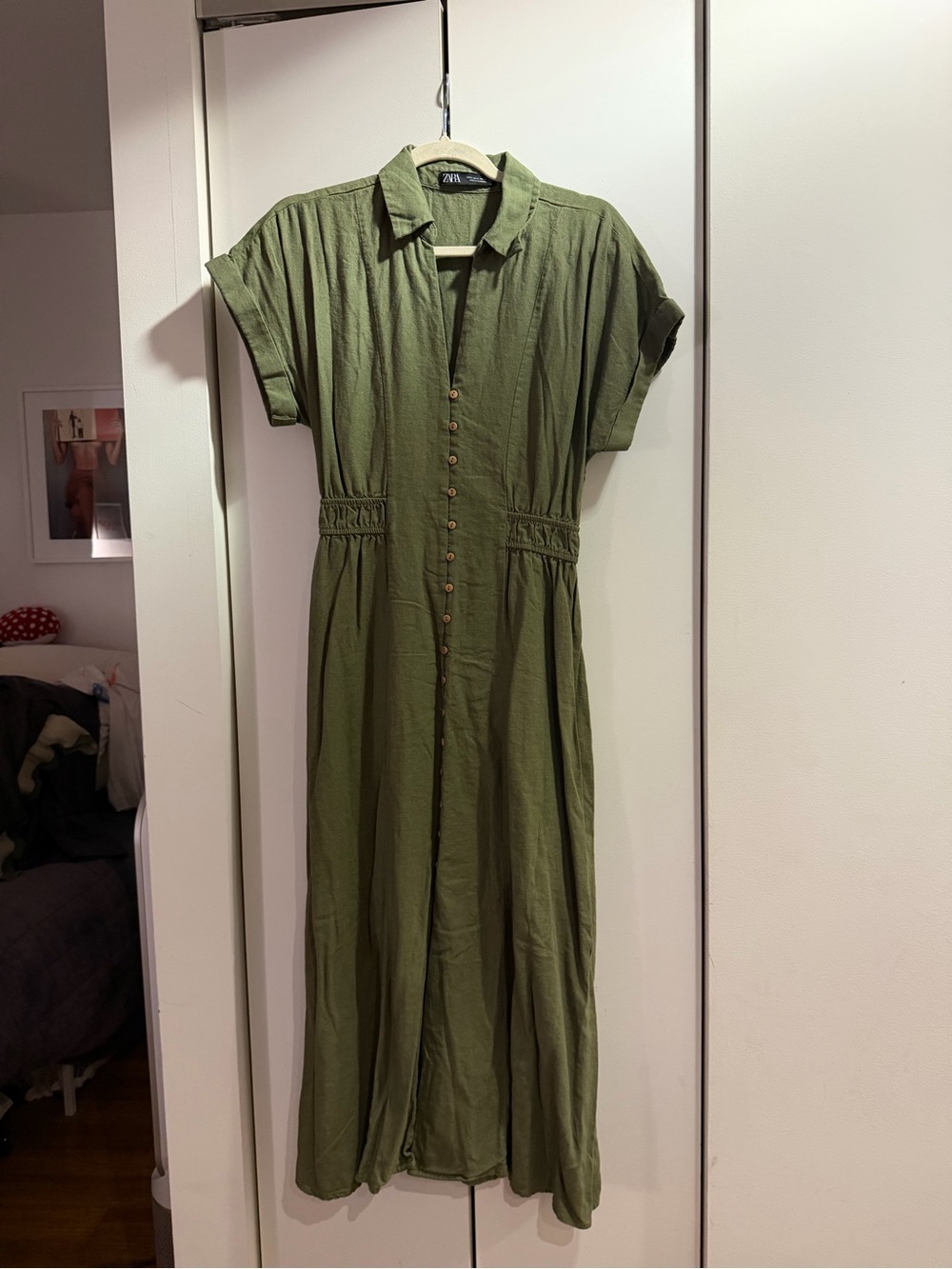 Zara Olive Green Button-Front Maxi Dress